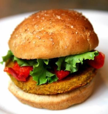 Sweet Potato, Chickpea, and Quinoa Veggie Burger With Roasted Peppers