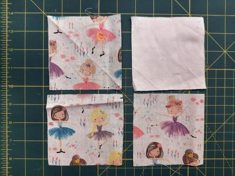 How I sew corner bookmarks Sewing a corner bookmark: cutting three squares of fabric, each 12 cm (4 in) wide.