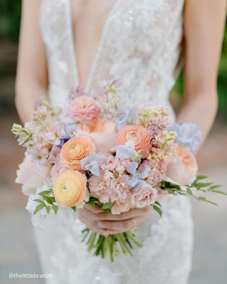 Enchanting Spring Wedding Bouquets: From Classic to Contemporary spring wedding bouquets=[astel beige and coral flowers in bridal bouquet thelittlebranch