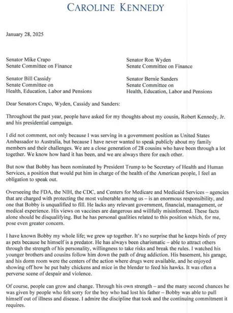Caroline Kennedy Asks Senators To NOT Confirm RFK,JR As HHS Head