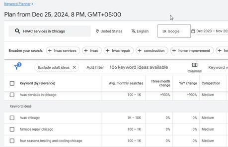 What Do Home Service Businesses Need in Digital Marketing? screenshot of Google's Keyword Planner tool