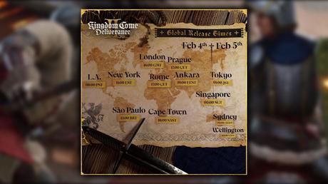 A map showcasing where Kingdom Come: Deliverance 2 will release and their time.