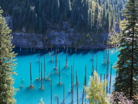 20 Best Places to Visit in Kazakhstan Kaindy lake in Kazakhstan with turquoise water and eerie straight tree trunks emerging from the lake which is surrounded by forests and mountains