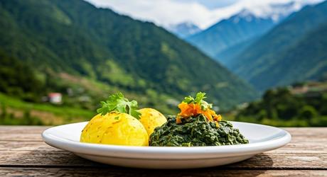 A traditional Uttarakhand meal served on a wooden table with a breathtaking mountain backdrop
