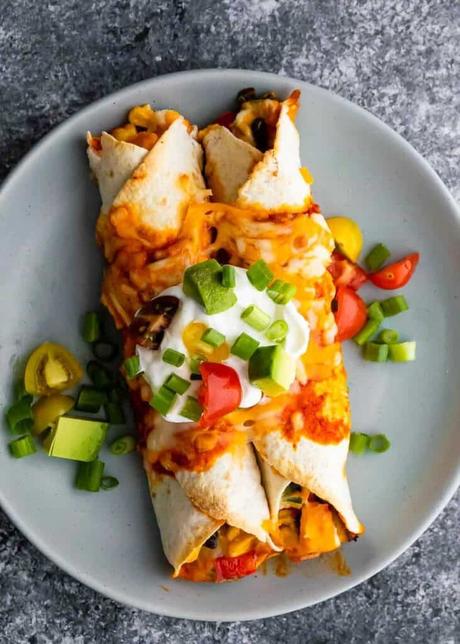 Vegetarian Enchiladas an overhead shot of vegetarian enchildas