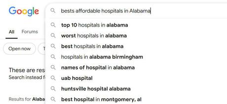 How Can Hospitals Increase Their Market Share Through SEO: Boost Your Hospital’s Marketing a screenshot from Google Autocomplete