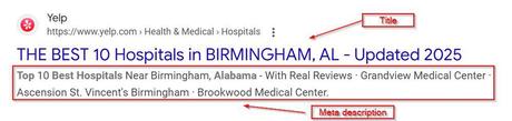 How Can Hospitals Increase Their Market Share Through SEO: Boost Your Hospital’s Marketing a close-up of a meta Title and description in search results