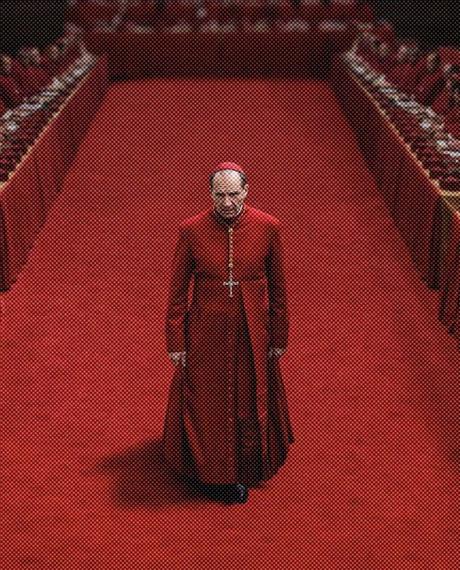 The Weight of Judgment in Conclave (2024) Ralph Fiennes as Cardinal Lawrence at the center of Conclave