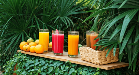 Refreshing fruit juice stand in summer