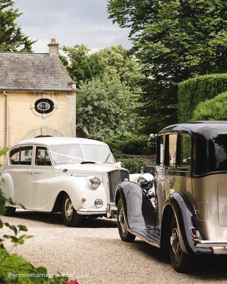 wedding car hire london two retro wedding cars white black outside premiercarriage wedding car