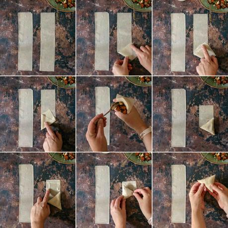 Butternut and feta samoosas Step by step images for how to fold a samoosa
