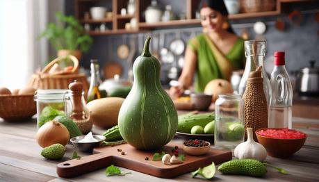 A bottle gourd lying on a wooden surface
