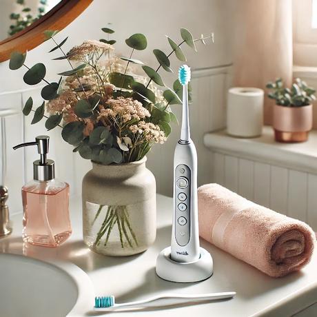 Image: A bright, modern bathroom counter with a sleek Waterpik Sonic Fusion 2.0 flossing toothbrush set up next to a small vase of eucalyptus or flowers. Soft natural light streams in, and the toothbrush is in action — with a light mist of water gently spraying to hint at the flossing feature. Add a few cute touches like rolled white towels, a mint green or blush-colored hand towel, and a bottle of mouthwash to complete the 'mom’s bathroom sanctuary' vibe