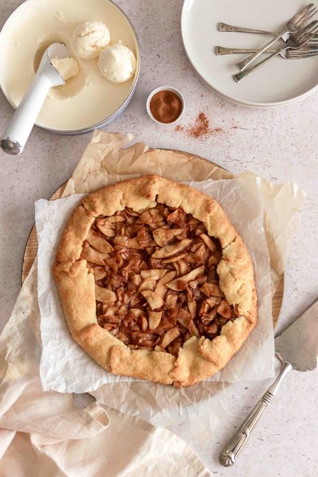 Caramel apple galette with no-churn cheesecake ice cream