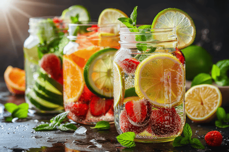 Various summer-themed detox waters with fresh fruits and herbs for hydration.