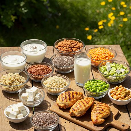 Colorful protein rich summer foods on a table