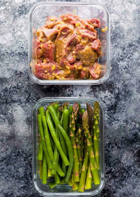 an overhead shot of marinated steak tips as well as prepped vegetables