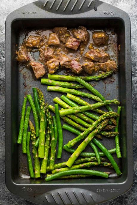 an overhead shot of cooked steak tops with roasted vegetables