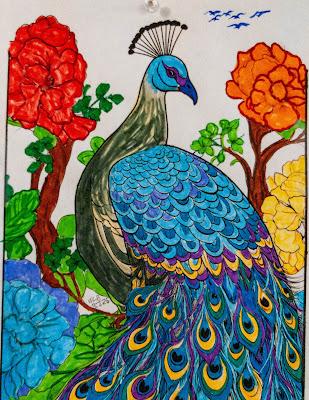 Claude 3.7 describes a line drawing of a peacock colored in a realistic way