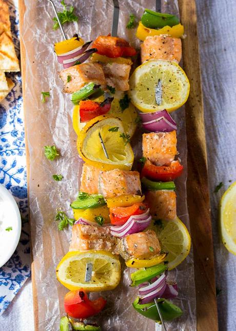 Mediterranean Salmon cooked salmon skewers