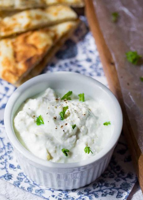 Mediterranean Salmon a closeup of whipped feta sauce