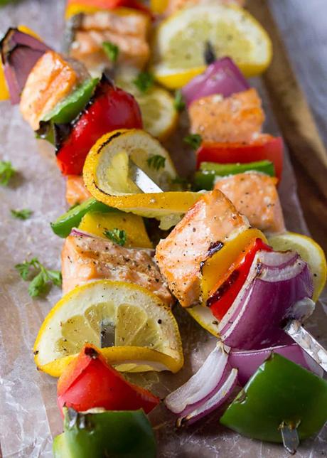 Mediterranean Salmon a close up shot of salmon skewers