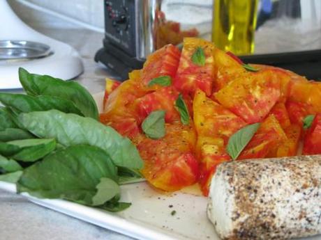 Fresh Heirloom Tomatoes with Basil and Goat Cheese