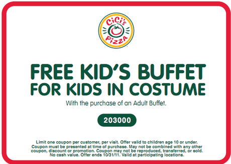 CiCi’s Pizza: Free Kids Buffet For Kids In Costume 10/31!