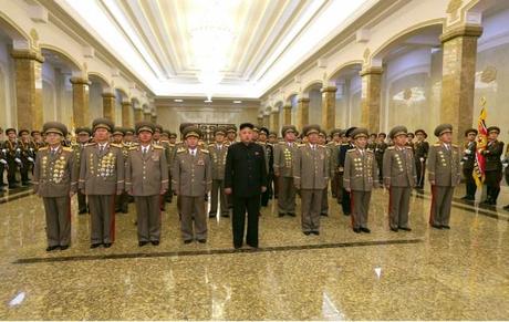 Kim Jong Un and senior KPA commanders visit the Ku'msusan Memorial Palace of the Sun at midnight on 16 February 2014, the anniversary of late DPRK leader Kim Jong Il's birth (Photo: Rodong Sinmun).