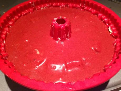 red velvet batter in bundt tin hidden heart design cake for valentines day