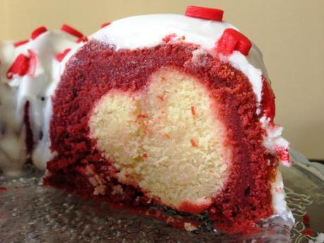 hidden heart design red velvet and vanilla bundt cake valentines day recipe cream cheese icing