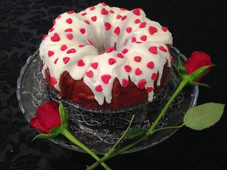 red roses with velvet bundt cake hidden heart design