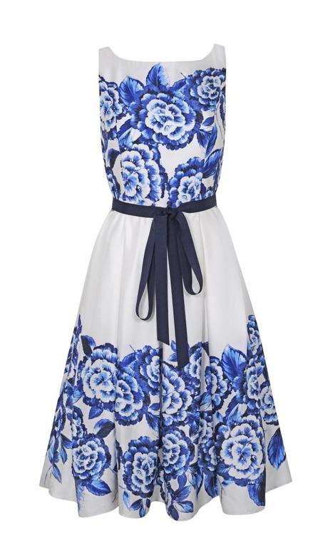 Blue floral satin prom dress