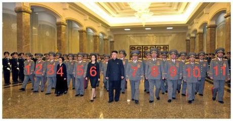 Kim Jong Un visits Ku'msusan on 16 February 2013.  Also in attendance: Gen. Kim Won Hong (1), VMar Kim Yong Chun (2), Pak To Chun (3), Kim Kyong Hui (4), VMar Choe Ryong Hae (5), Ri Sol Ju (6), Jang Song Taek (7), Gen. Hyon Yong Chol (8), Gen. Kim Kyok Sik (9), VMar Hyon Chol Hae (10), VMar Kim Jong Gak (11) (Photo: Rodong Sinmun).