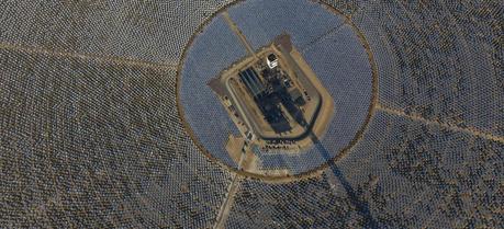 An aerial view of Tower 1 and its heliostats at the Ivanpah Solar Power Facility.