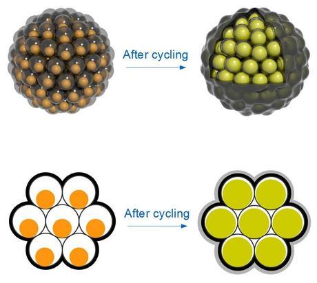 Top: Silicon nanoparticles are encased in carbon “yolk shells” and clustered like seeds in a pomegranate. Each cluster has a carbon rind that holds it together, conducts electricity and minimizes reactions with the battery’s electrolyte that can degrade performance. Bottom: Silicon nanoparticles swell during battery charging to completely fill their yolk shells; no space is wasted, and the shells stay intact. (Credit: Nian Liu, Zhenda Lu and Yi Cui / Stanford)