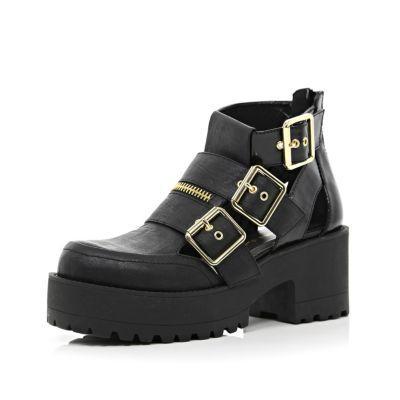 River Island Black Chunky Cut Out Zip Ankle Boots