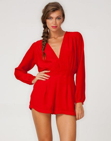 Motel Jet Plunge Neck Playsuit in Red