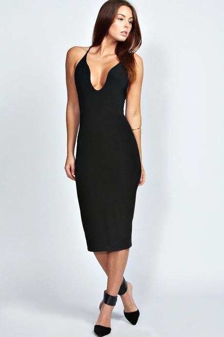 BOOHOO Lucy Plunge Neck Slinky Midi Bodycon Dress LBD