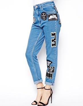 Image 1 of ASOS Farleigh High Waist Slim Mom Jeans in Vintage Wash with 90s Mono Badges