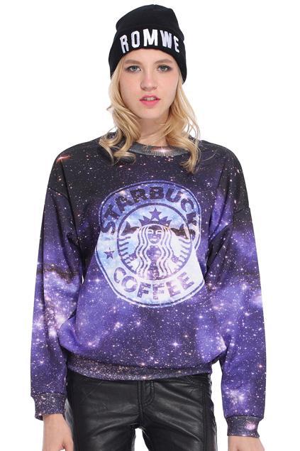 Starbuck Coffee in Galaxy Print Sweatshirt ROMWE