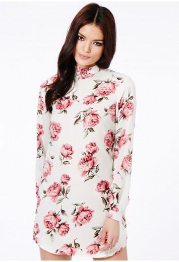 MISS GUIDED Isla High Neck Rose Print Shift Dress