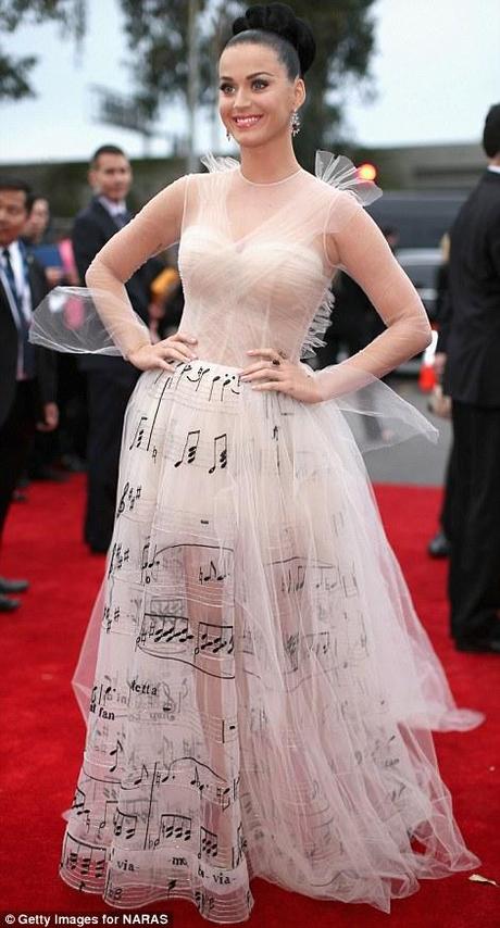 Musical theme: Katy Perry sported a stunning floaty Valentino gown decorated with notes for the Grammy Awards at The Staples Center in Downtown Los Angeles on Sunday night