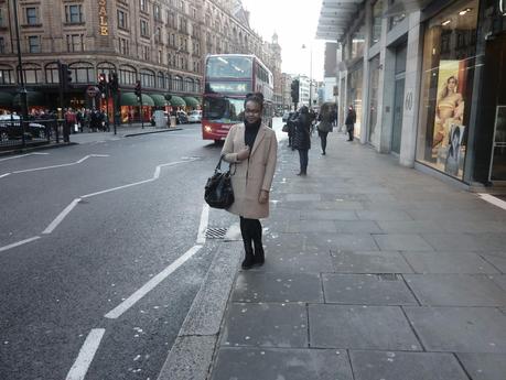 London Knightsbridge Harrods Shopping Red Bus H&M Camel Coat Like Kim Kardashian