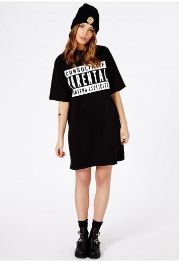 Lena Parental Print T-Shirt Oversized Dress In Black