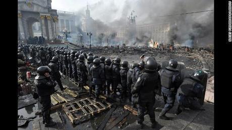 Riot police are out in force as protests continue in Kiev's Independence Square on Wednesday, February 19. Thousands of anti-government demonstrators have packed the square since November when President Viktor Yanukovych reversed a decision on a trade deal with the European Union and instead turned toward Russia.