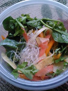 Kelp noodle 'stirfry' (adapted from Going Raw book) with rainbow carrots, spinach/arugula and orange bell pepper. 