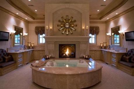 Affluent Bathroom with Fireplace and Spa