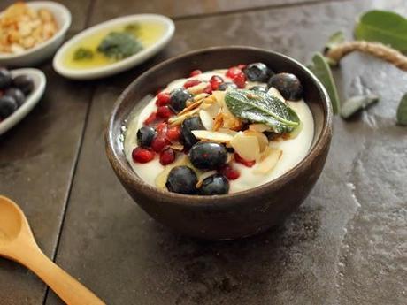 Blueberry Pomegranate Yogurt with Sage Butter and Almonds