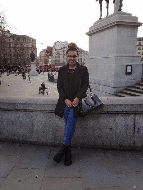 Trafalgar Square London New Look Chunky Chelsea Boots ASOS Blue Uber High Waisted Jeggings Zara Black Double Breasted Coat